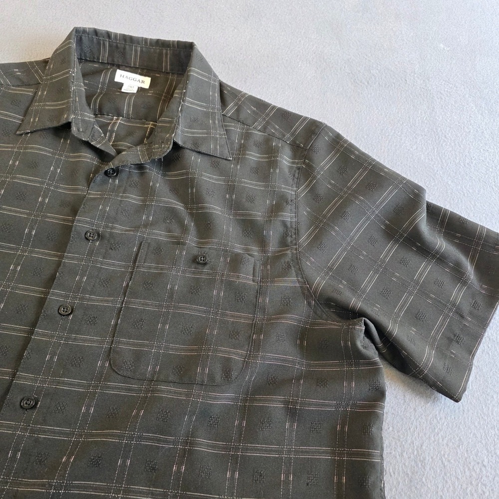 Haggar Mens 2XLT Short‎ Sleeve Button Up Shirt Black Textured Plaid Tall